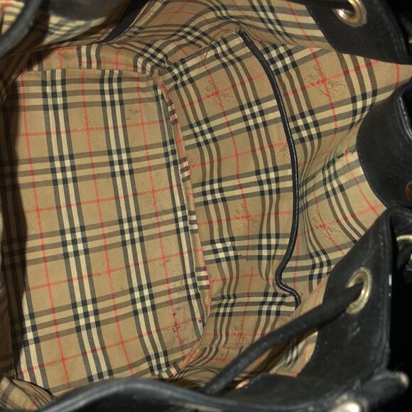 BURBERRYS Large Black Leather Bucket Drawstring Bag Nova Check Lining Authentic - Picture 7 of 17